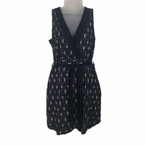 J Crew Ikat Wrap Dress Size 0 Sleeveless Blue White Cotton Linen Pockets Belt